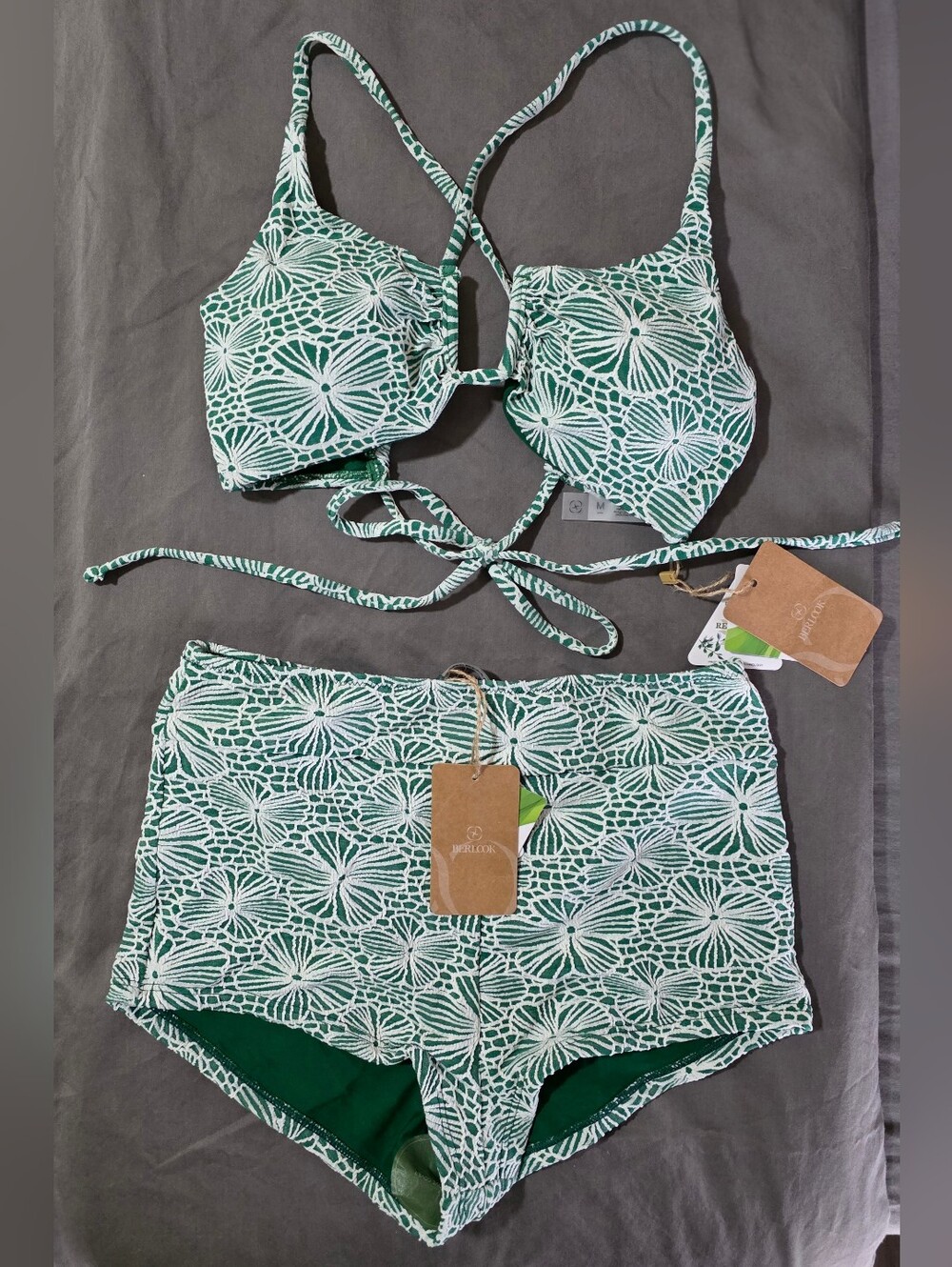 BERLOOK Green Floral Jacquard U-Ring Bikini Top WITH Full Coverage Surf Bottoms